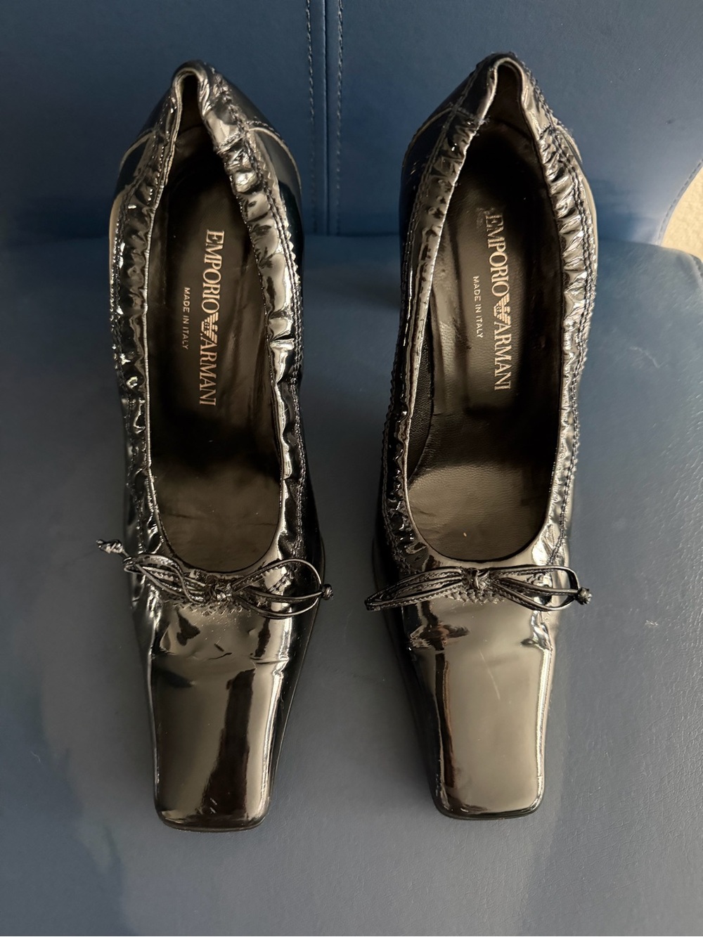 Emporio Armani Black Patent Leather Square-Toe loafers with Bow